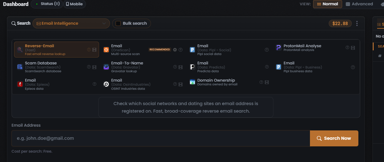 Email Module grid with the Modules and an empty query field