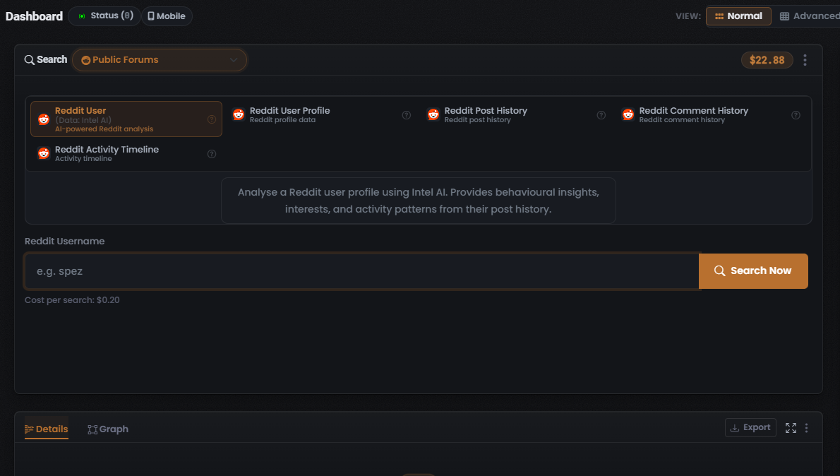 The Public Forums Module grid showing the Reddit User tile selected with a coral-orange border, alongside the Reddit User Profile, Reddit Post History, Reddit Comment History and Reddit Activity Timeline tiles