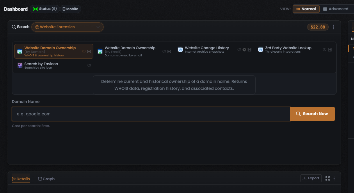 The UserSearch composer with the Website Forensics search type active and the default Website Domain Ownership (by Domain) Module selected, showing the five Module tiles, an empty query input, and a "Cost per search: Free" line