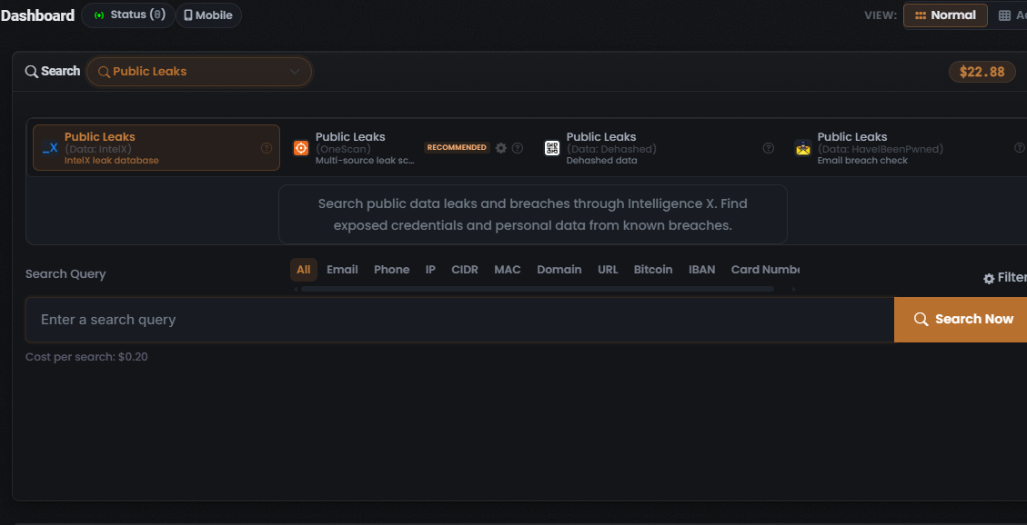 Public Leaks Module row: IntelX (selected), OneScan (RECOMMENDED), Dehashed and HaveIBeenPwned tiles, with the entity-type tab strip and Search Query field below