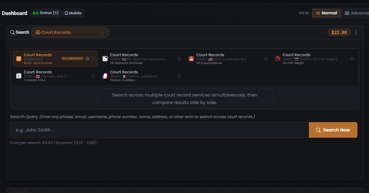 Court Records Module grid: the OneScan tile selected and badged RECOMMENDED with a gear and a help icon, and the five single-country tiles (UK National Archives, US CourtListener, OCCRP Aleph, Canada A2AJ, France Judilibre), above the Search Query field and the Cost per search line