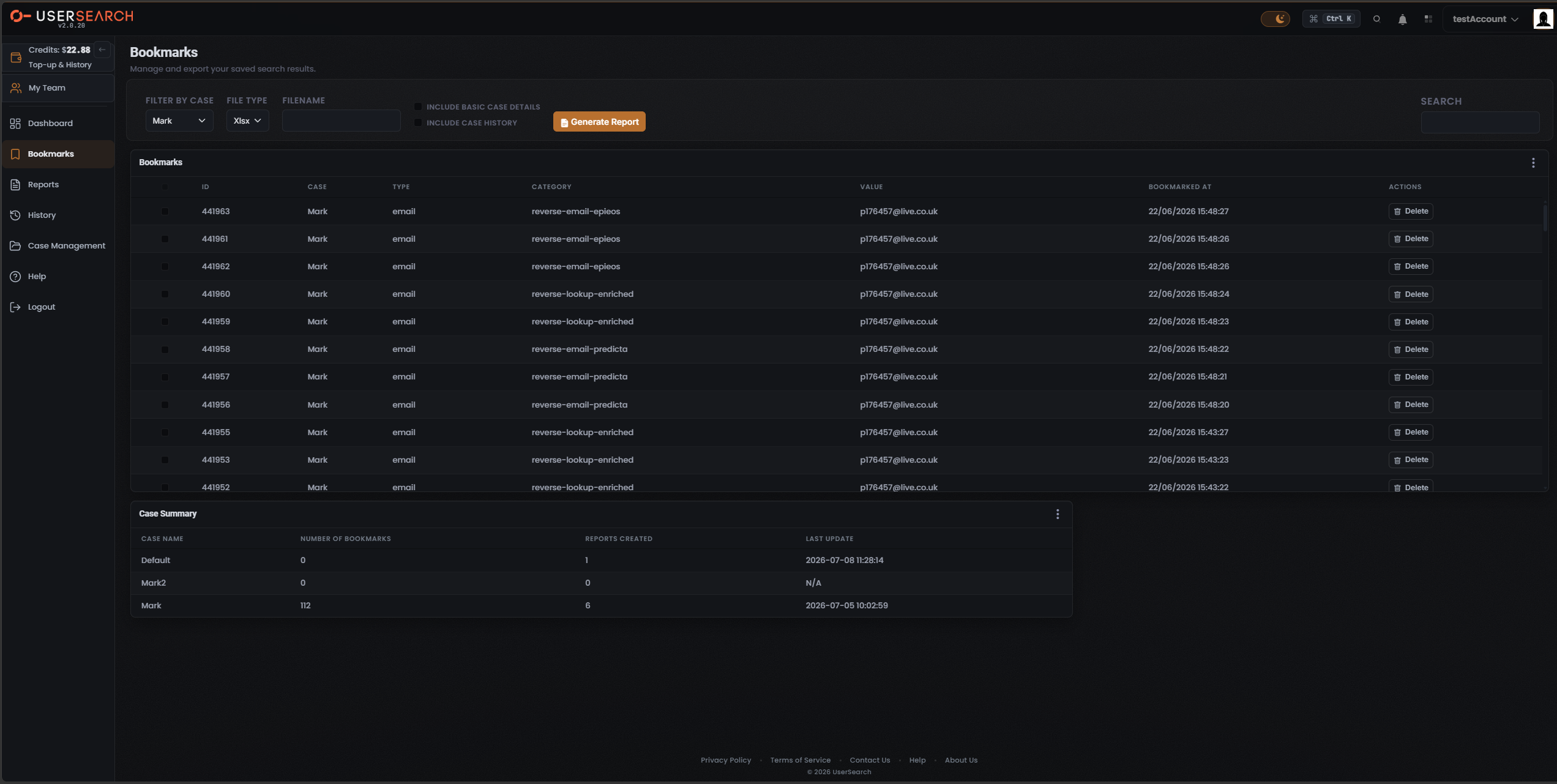 Bookmarks page, Report-generation panel and Bookmarks table