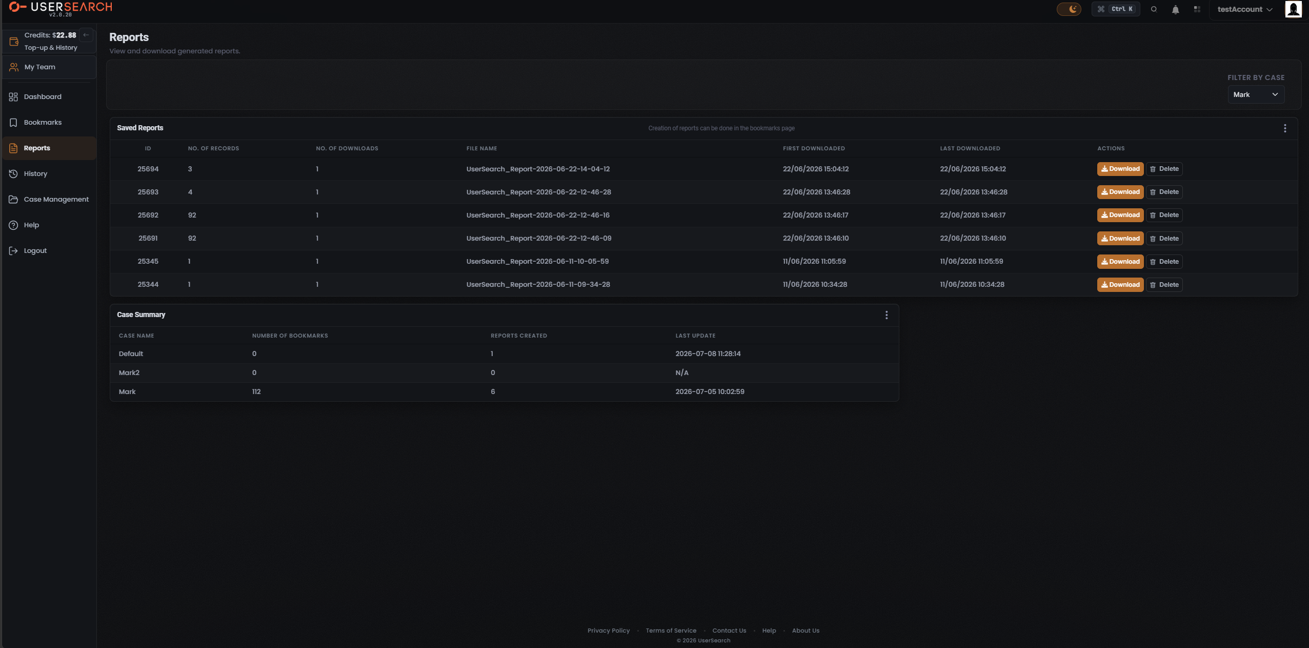 Reports page, Saved Reports table