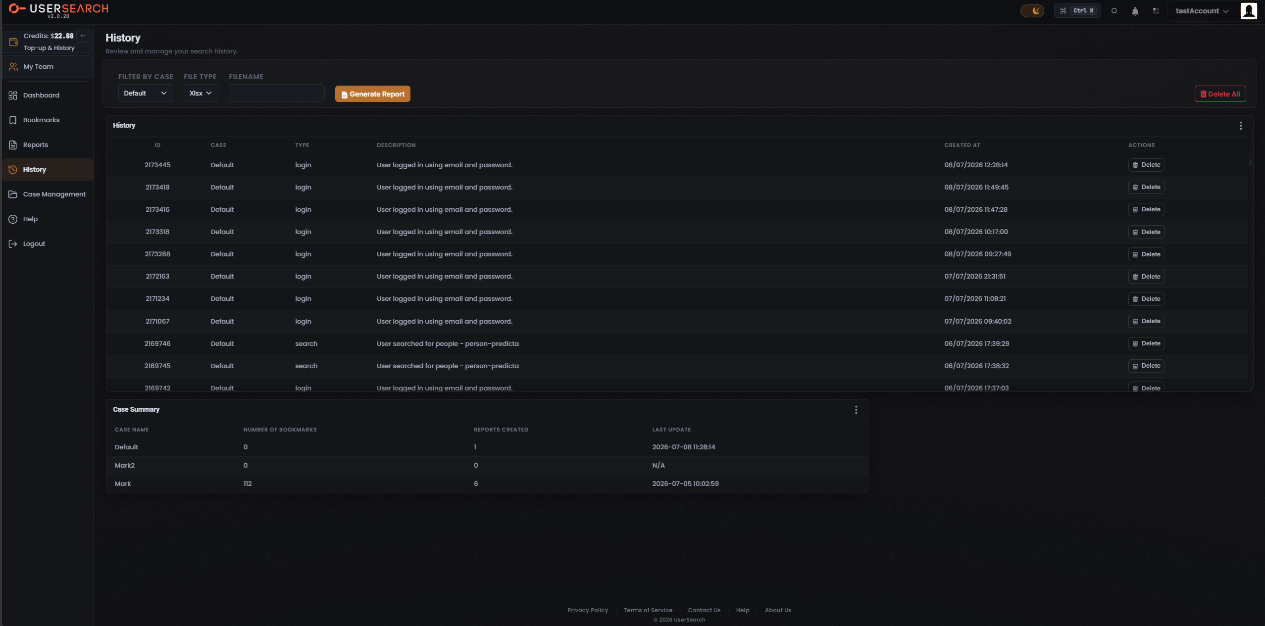 History page, dark mode, filter/report controls and History table
