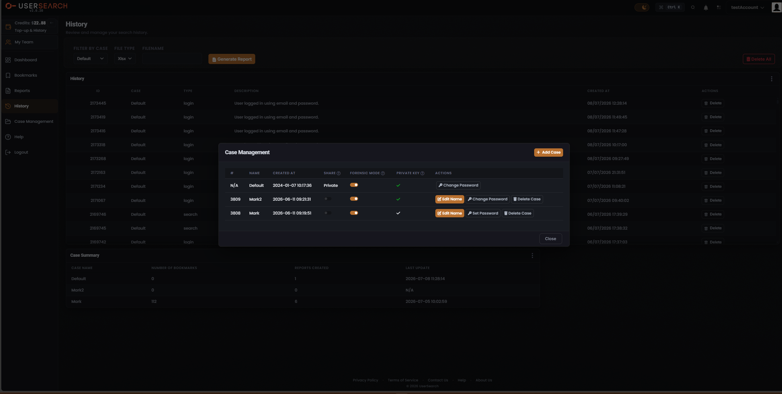 Case Management modal, case table with FORENSIC MODE switches on (orange)