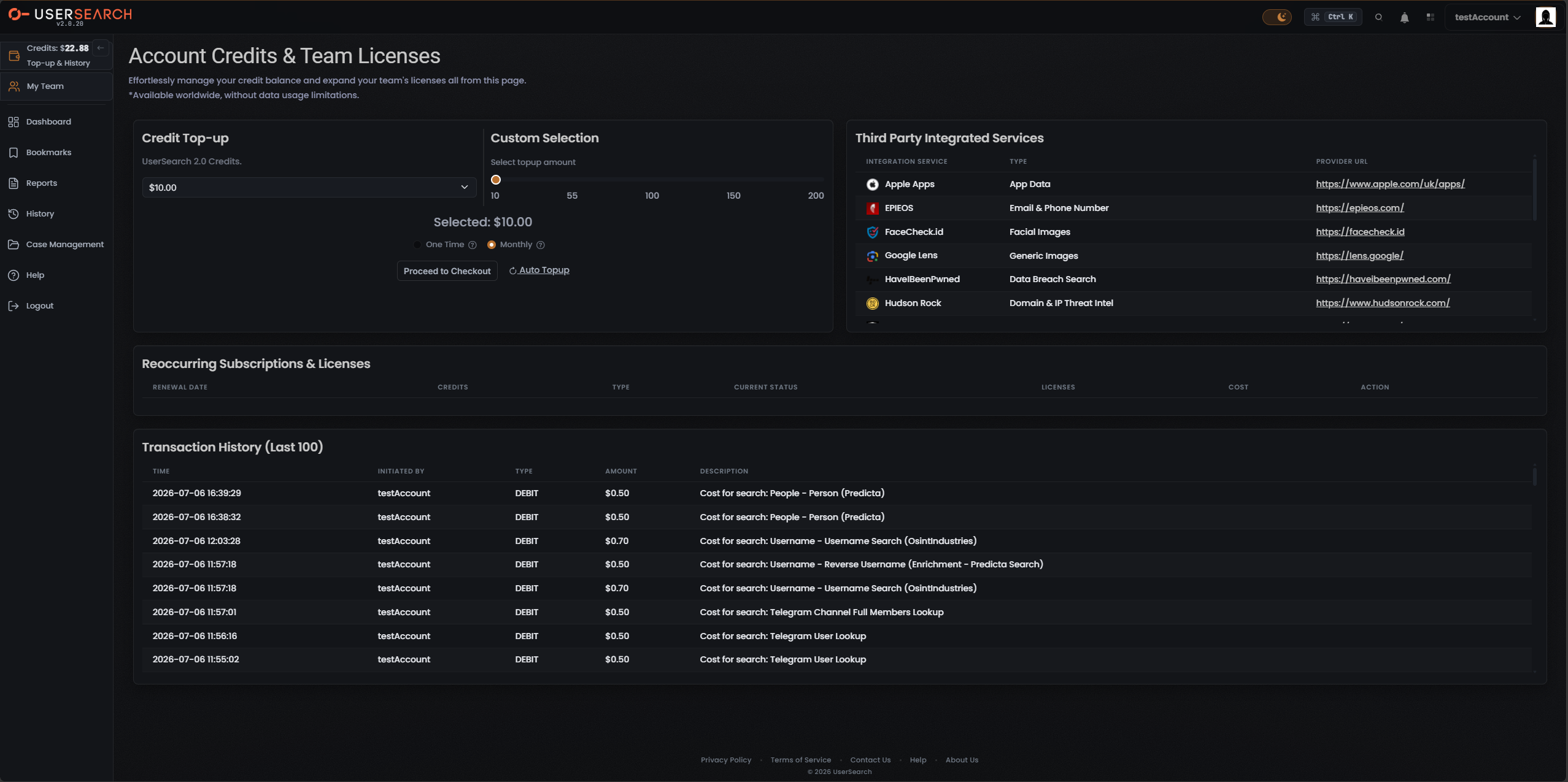 Account Credits & Team Licenses page, full layout