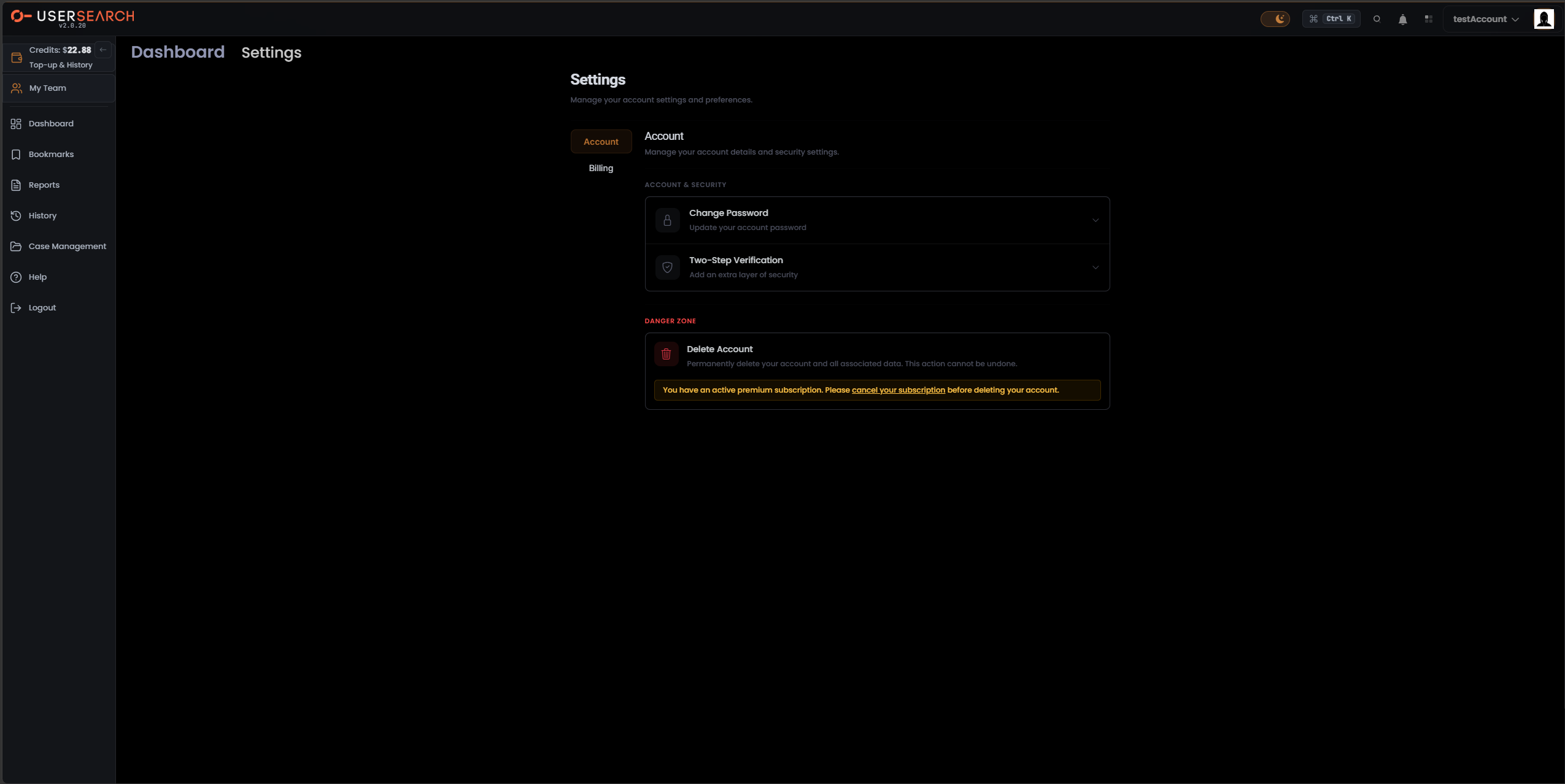 Settings, Account tab, Account & Security and Danger Zone