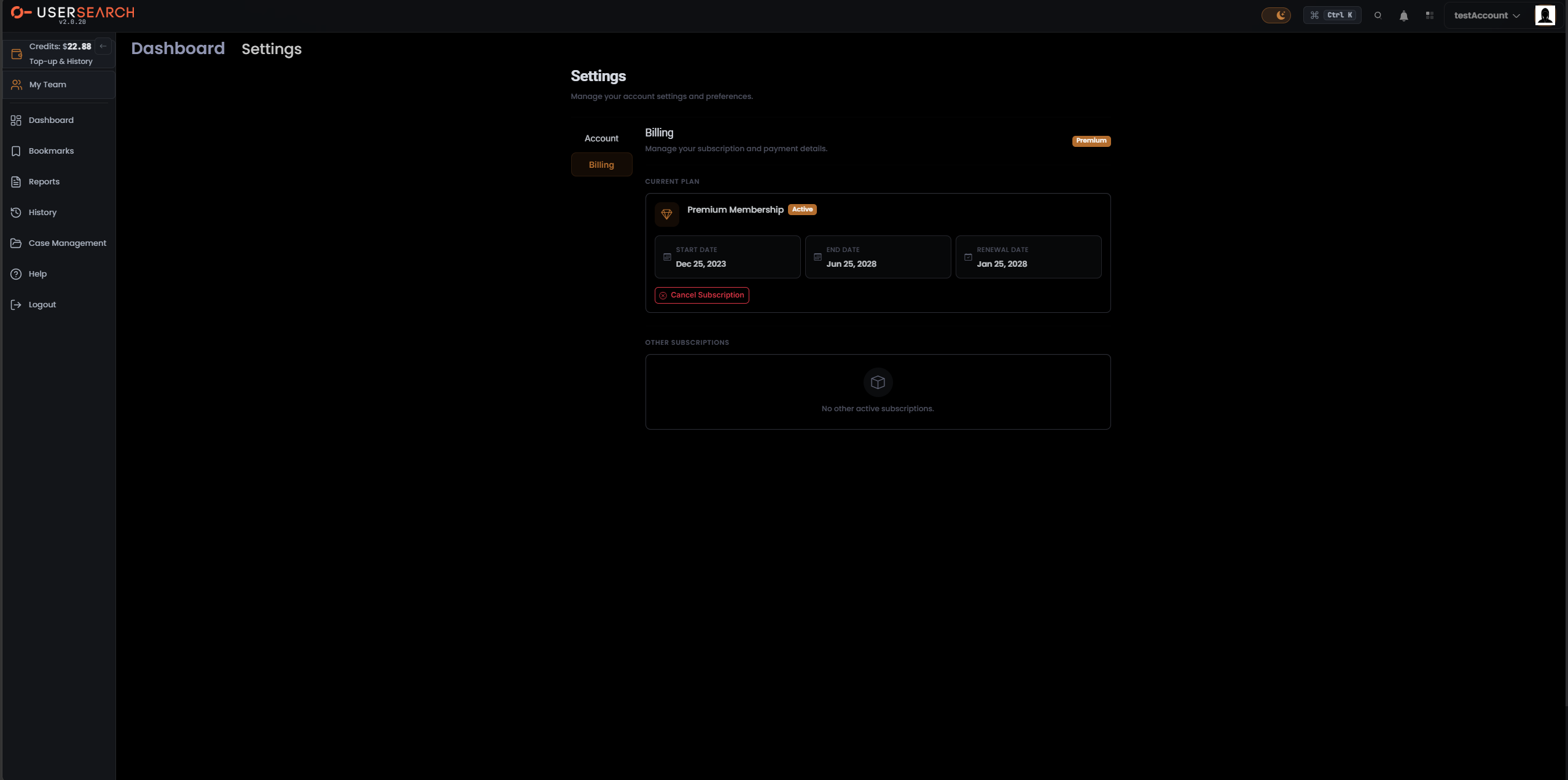 Settings, Billing tab, Current Plan and Other Subscriptions