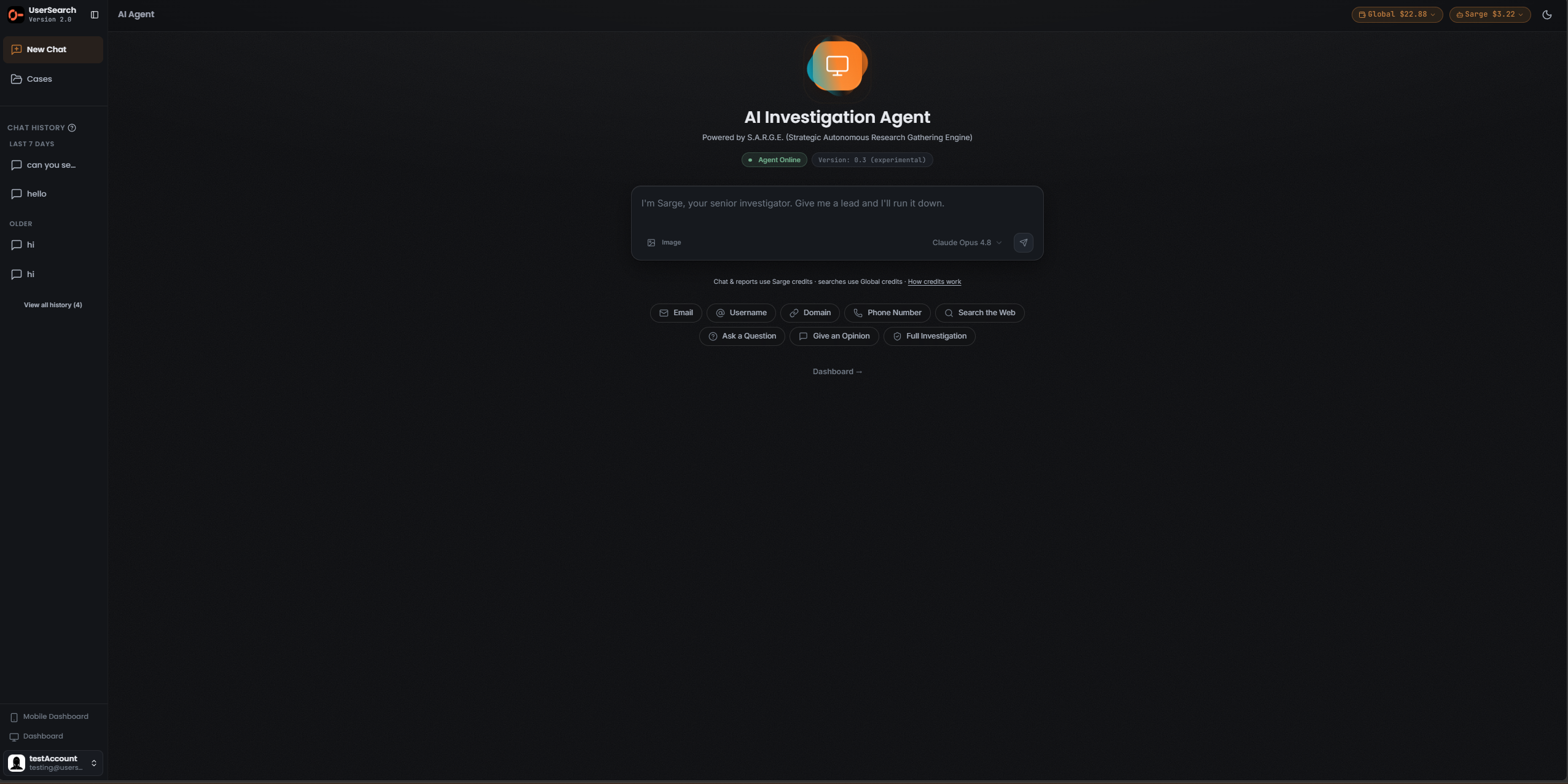 AI Investigation Agent landing, composer, model selector, and the two Credit pills