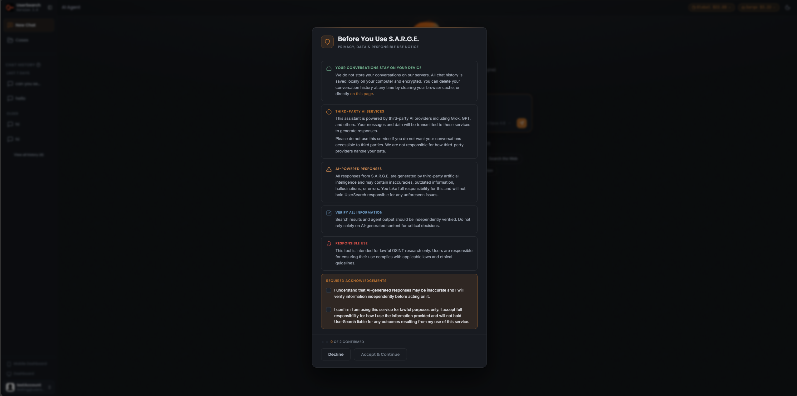 "Before You Use S.A.R.G.E." consent modal, two required acknowledgements