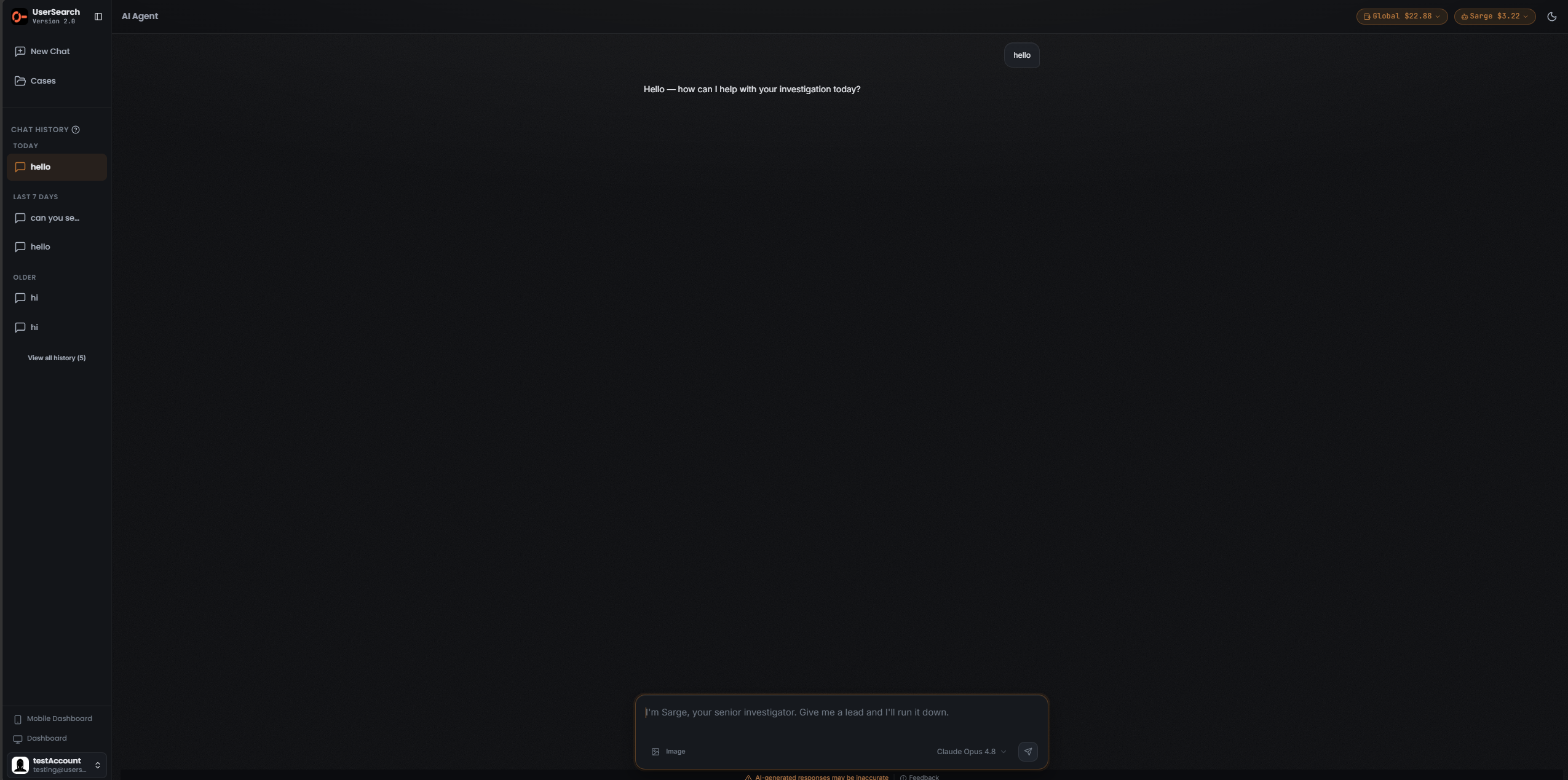 active S.A.R.G.E. chat thread with composer, model selector, and the "AI-generated responses may be inaccurate" notice