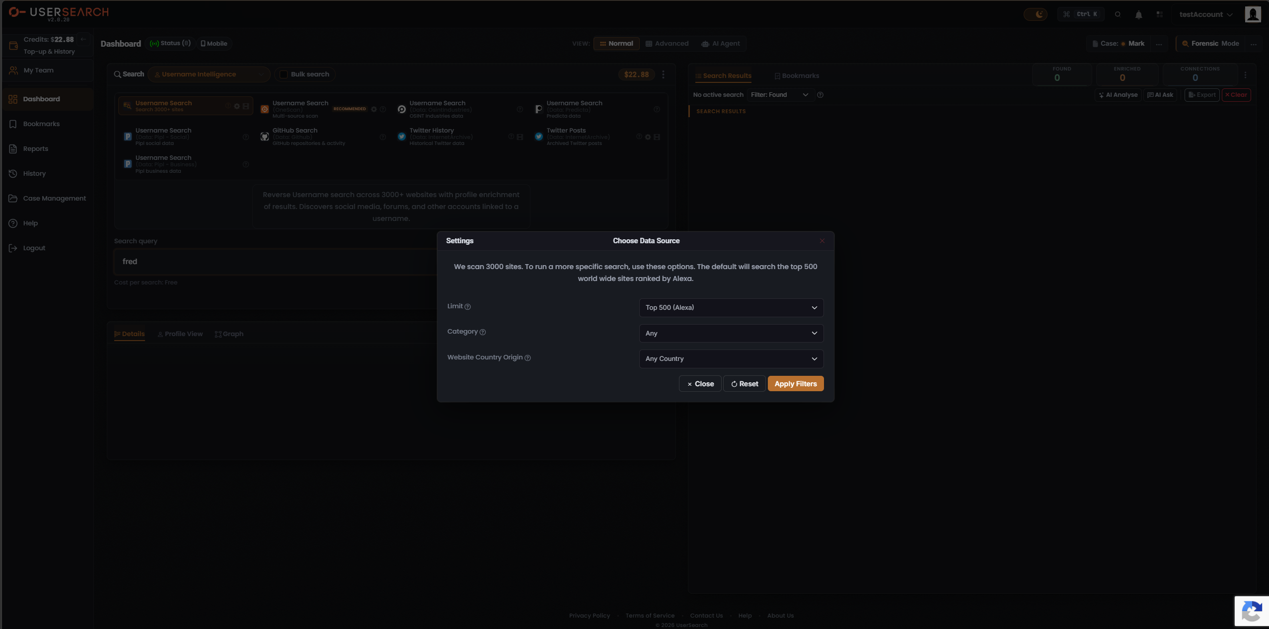Choose Data Source modal, Username Search filter variant