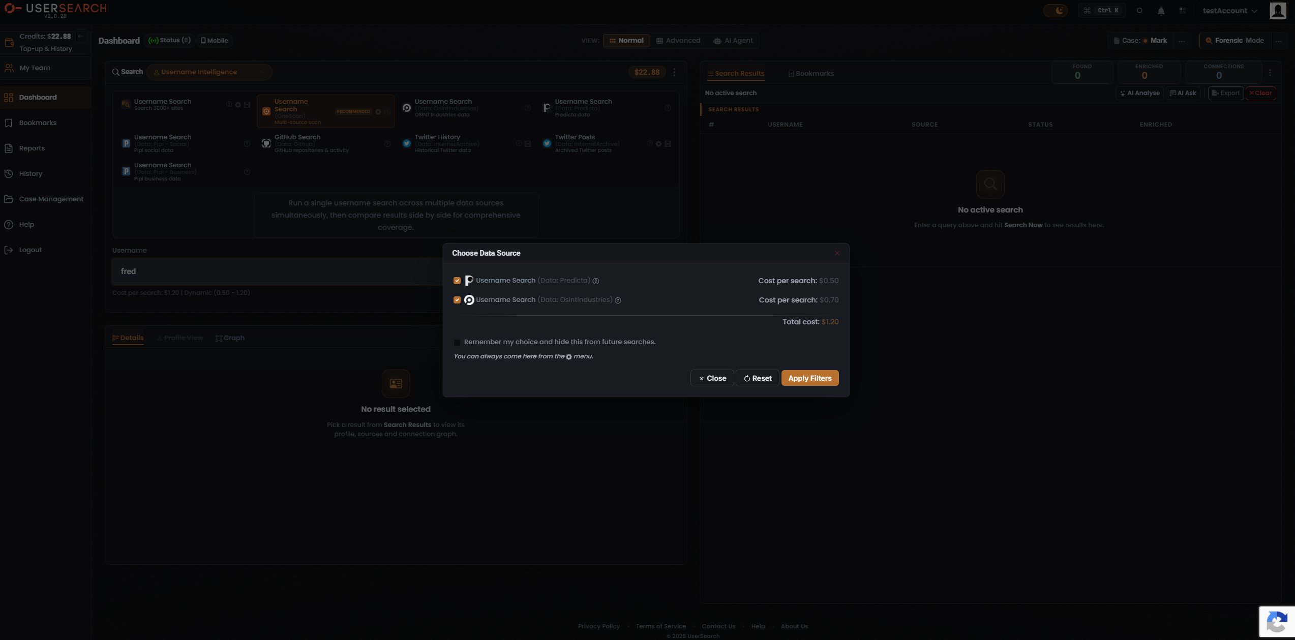 Choose Data Source modal for OneScan — data-source toggles with per-search cost and the Total cost line