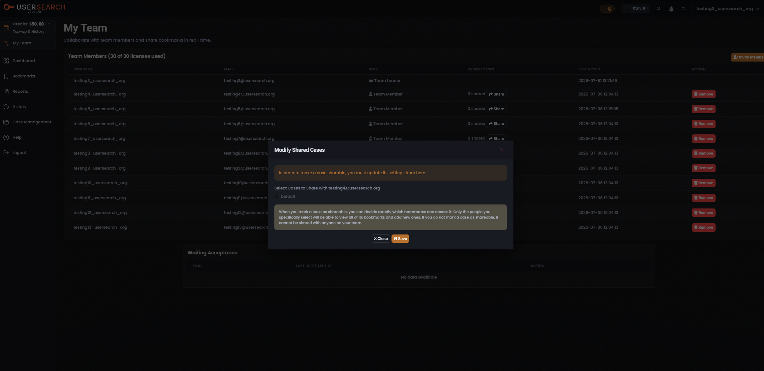 The Modify Shared Cases modal: a checkbox list of the account's cases to share with a chosen teammate, above an explanatory note