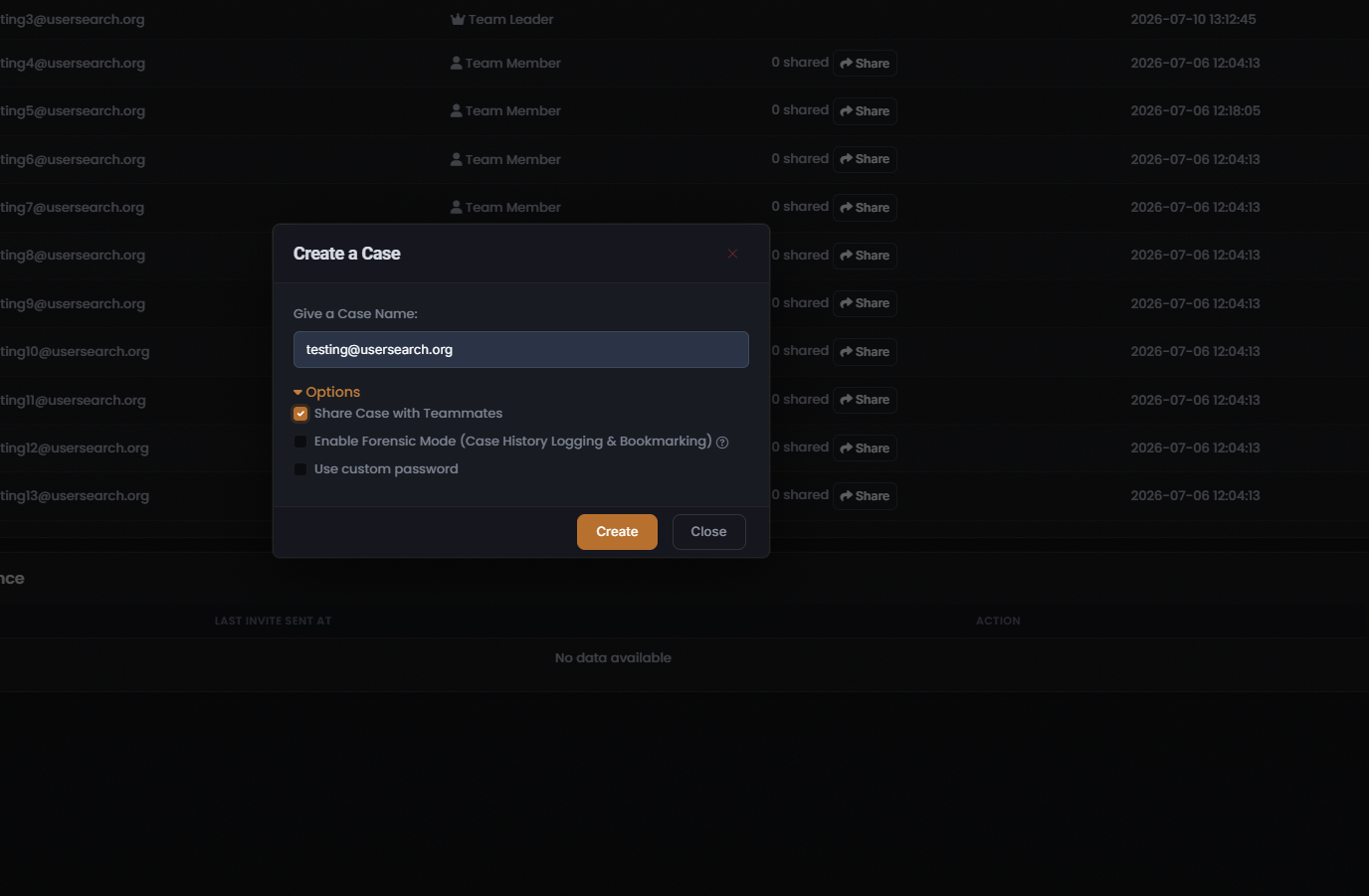 The Create a Case dialog: a case-name field above an Options group with Share Case with Teammates, Enable Forensic Mode, and Use custom password checkboxes